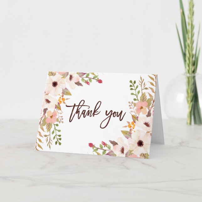 Watercolor Bohemian Flowers Thank You Card (Front)