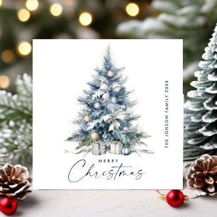 Watercolor Bohemian Neutral Blue Christmas Tree Holiday Card