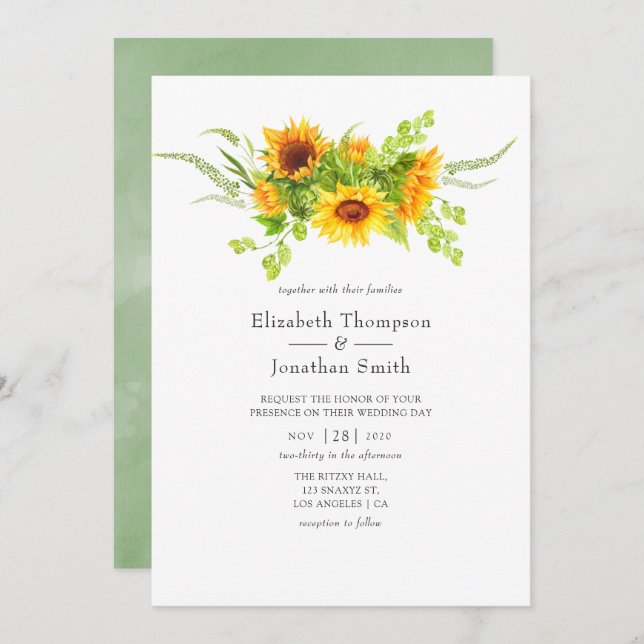 Watercolor Bohemian Sunflowers Wedding Invitation (Front/Back)
