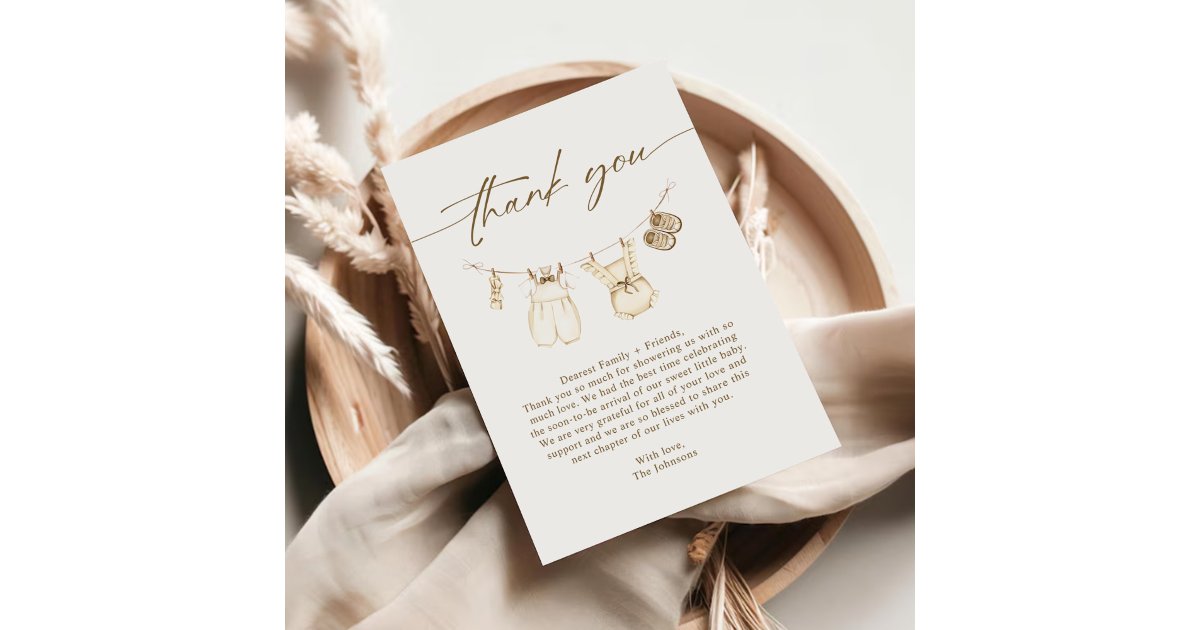Watercolor Boho Baby Clothes Gender Reveal Thank You Card | Zazzle