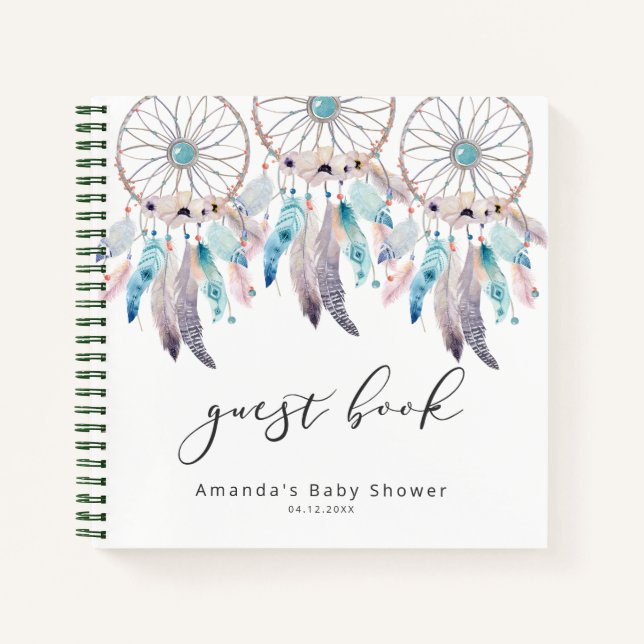 Watercolor Boho Baby Shower Dreamcatcher Guestbook Notebook (Front)