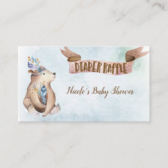 Watercolor Boho Bear Baby Shower Diaper Raffle Enclosure Card (Front)