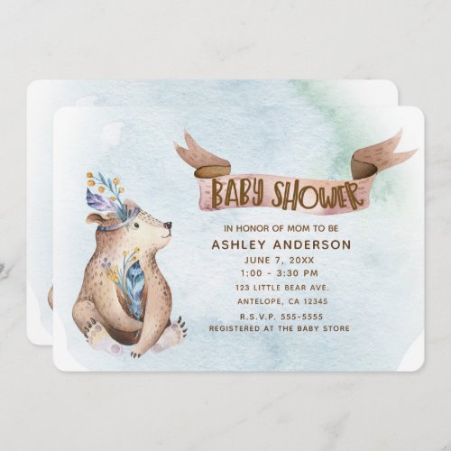 Watercolor Boho Bear Rustic Animals Baby Shower Invitation