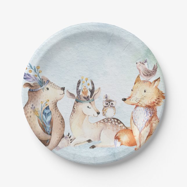 Watercolor Boho Bear Rustic Animals Baby Shower Paper Plates (Front)