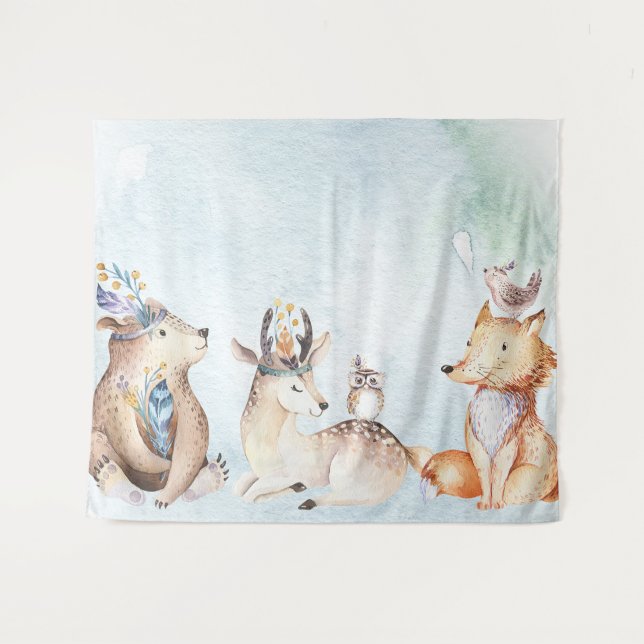Watercolor Boho Bear Rustic Animals Party Backdrop (Front (Horizontal))