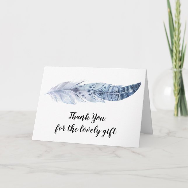 Watercolor Boho Blue Feather - Thank You Card (Front)