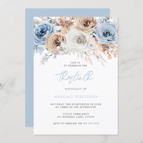 Watercolor Boho Blue Floral 30th Birthday Party Invitation