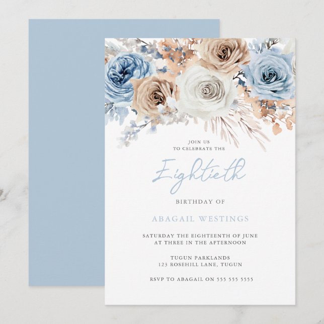 Watercolor Boho Blue Floral 80th Birthday Party Invitation (Front/Back)