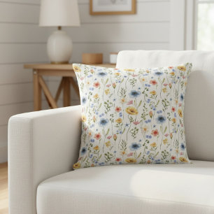 Watercolor Boho Blue Yellow Pink Wildflower Throw Pillow