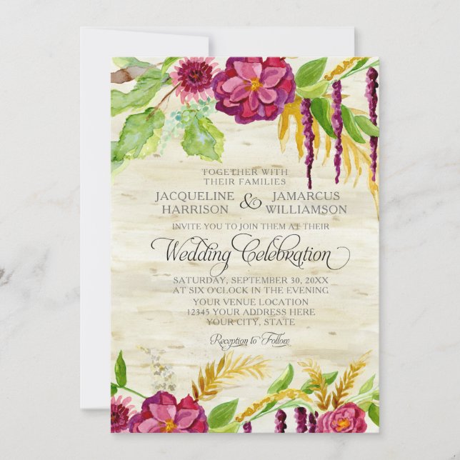 Watercolor Boho Bohemian Burgundy Rose Floral Fall Invitation (Front)