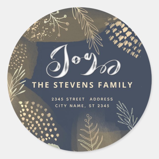 Watercolor boho botanical  script joy winter  classic round sticker (Front)