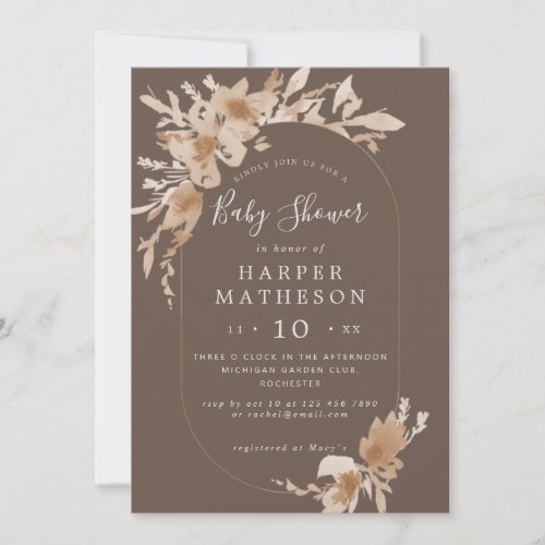 Watercolor boho brown flowers oblong baby shower i invitation