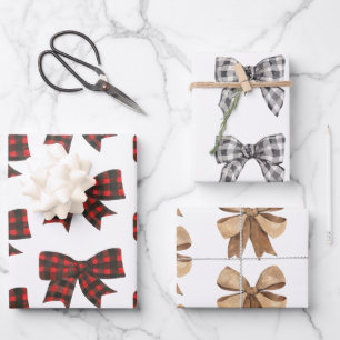 Watercolor Boho Buffalo Plaid & Burlap Bows Wrapping Paper Sheets