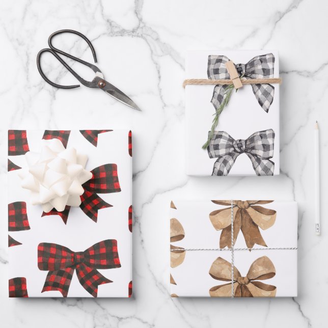 Watercolor Boho Buffalo Plaid & Burlap Bows Wrapping Paper Sheets (Front)