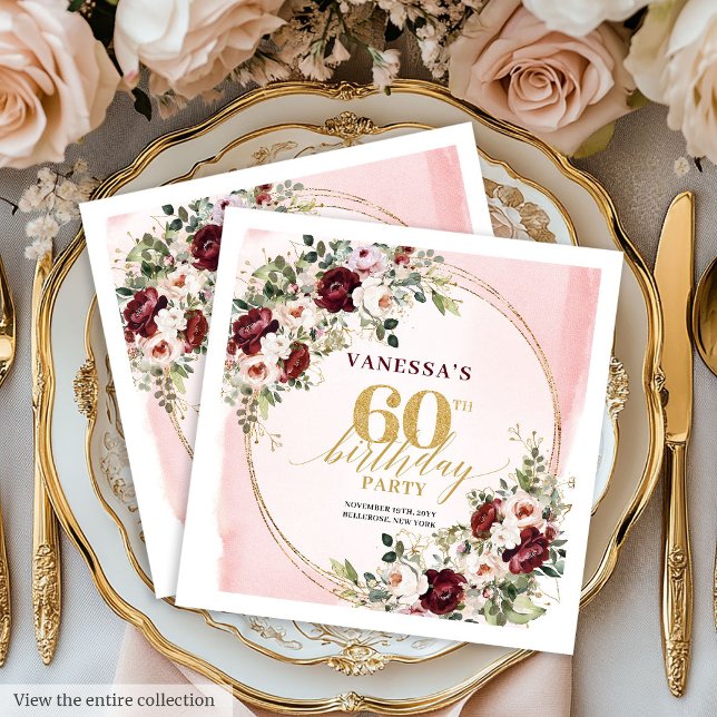 Watercolor Boho Burgundy Blush 60th Napkins (Watercolor Boho Burgundy Blush 60th Napkins)