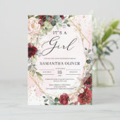 Watercolor boho burgundy floral gold it's a girl invitation (Standing Front)