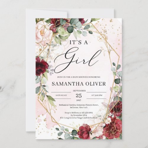 Watercolor boho burgundy floral gold its a girl invitation