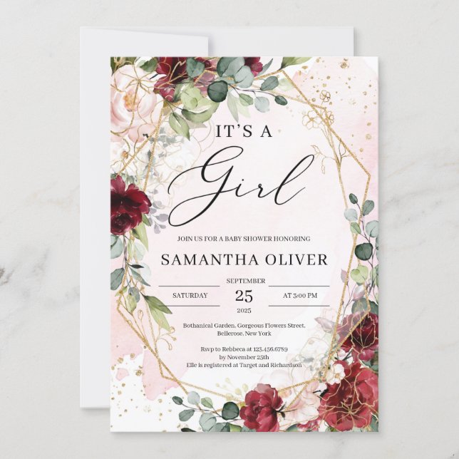 Watercolor boho burgundy floral gold it's a girl invitation (Front)