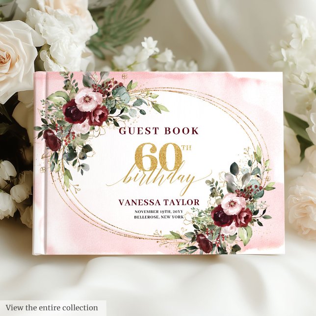 Watercolor Boho Burgundy Gold 60th Birthday Guest Book (Watercolor Boho Burgundy Gold 60th Birthday)