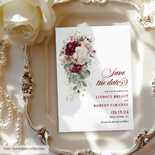 Watercolor Boho Burgundy Rose Save The Date Card