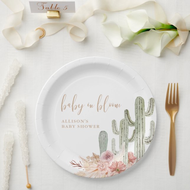 Watercolor boho cactus desert baby shower paper plates (Wedding)