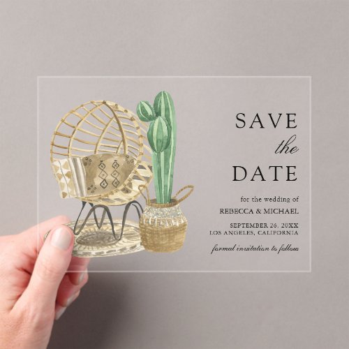 Watercolor Boho Cactus Wedding Save the Date Acrylic Invitations