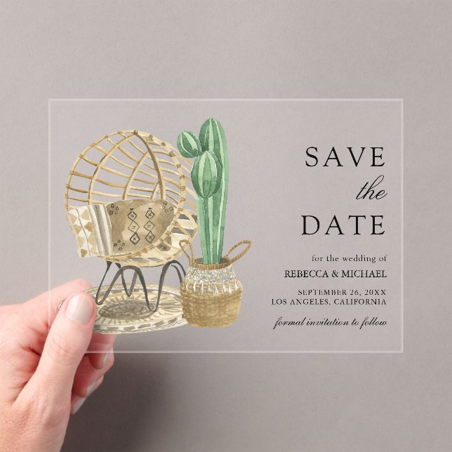 Watercolor Boho Cactus Wedding Save the Date Acrylic Invitations (Insitu (Handheld))