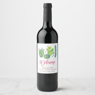 Watercolor Boho Cactus Wedding Wine Label