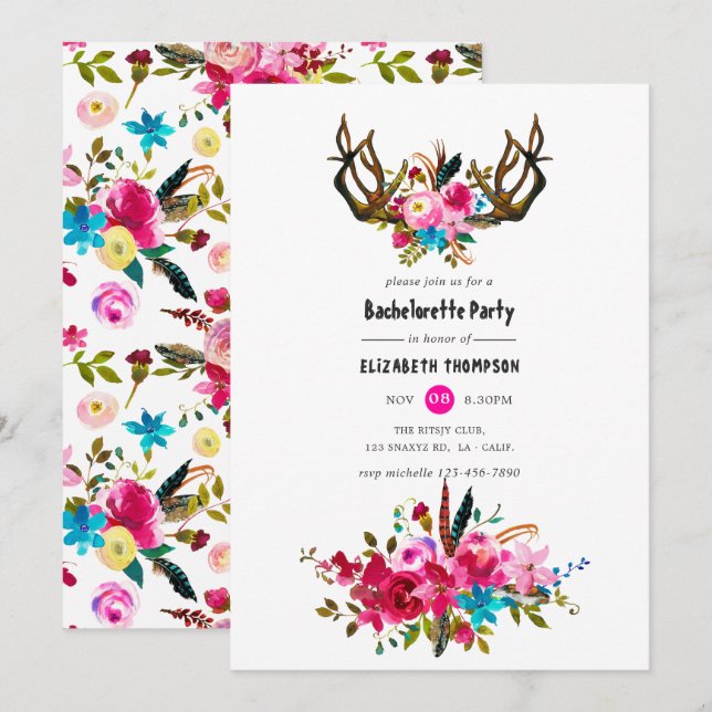 Watercolor Boho Chic Floral Bachelorette Party Invitation (Front/Back)