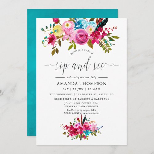 Watercolor Boho Chic Floral Sip and See Invitation