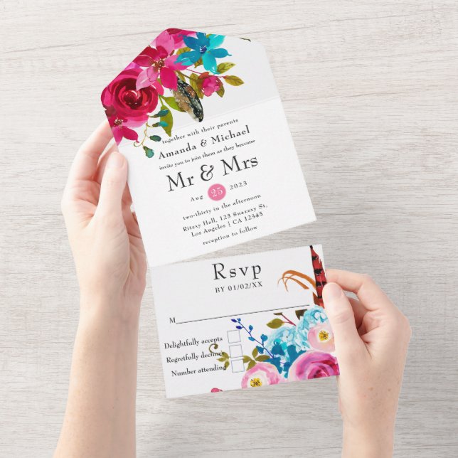 Watercolor Boho Chic Floral Wedding All In One Inv Invitation (Tearaway)