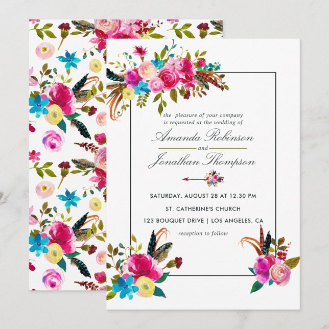 Watercolor Boho Chic Floral Wedding invitation (Front/Back)