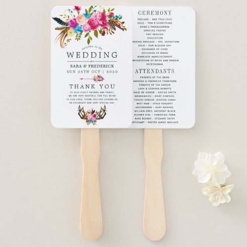 Watercolor Boho Chic Floral Wedding Program Hand Fan