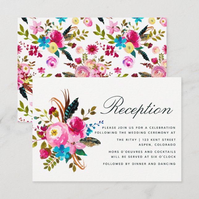 Watercolor Boho Chic Floral Wedding Reception Invitation (Front/Back)