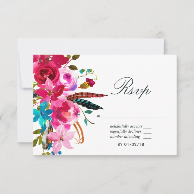 Watercolor Boho Chic Floral Wedding RSVP (Front)