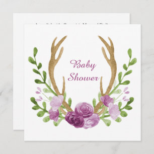 Watercolor Boho Chic Purple Flowers Baby Shower Invitation