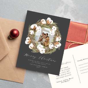 Watercolor Boho Christmas Cotton Wreath One Photo  Holiday Postcard