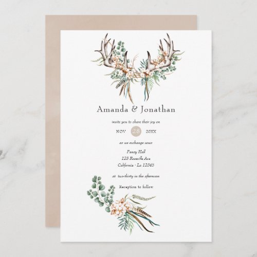 Watercolor Boho Cotton and Eucalyptus Boho Wedding Invitation