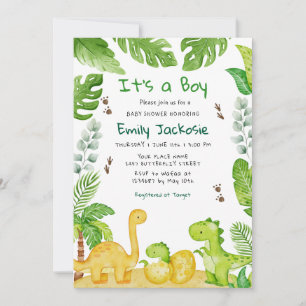 Watercolor Boho Dinosaur Greenery Boy Baby Shower Invitation