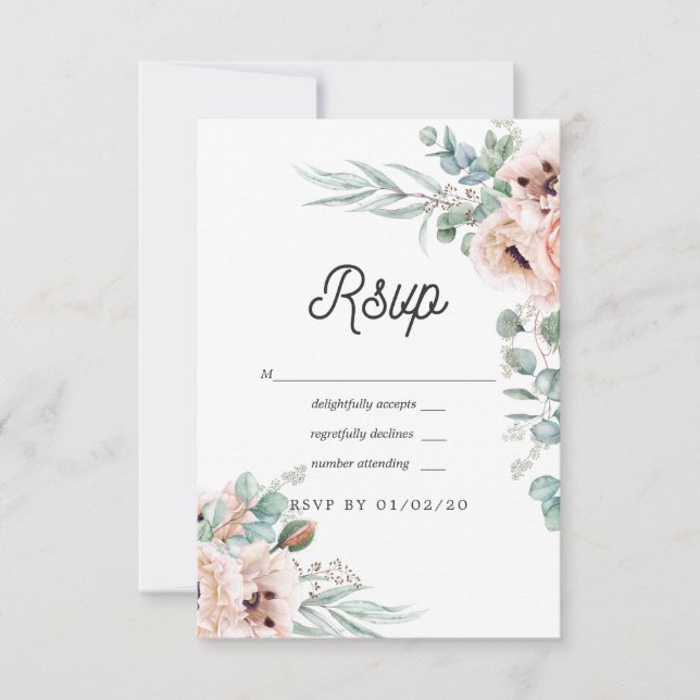 Watercolor Boho Eucalyptus Poppy Wedding RSVP Card (Front)