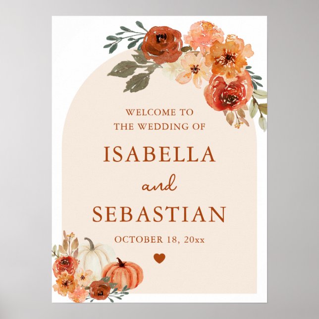 Watercolor Boho Fall Pumpkin Wedding Welcome Sign (Front)