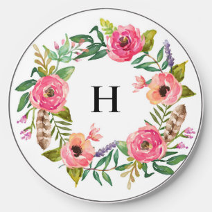 Watercolor Boho Feather and Flower Wreath Monogram Wireless Charger