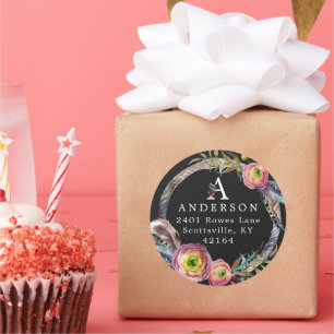 Watercolor Boho Feather Wreath Monogram Address Classic Round Sticker