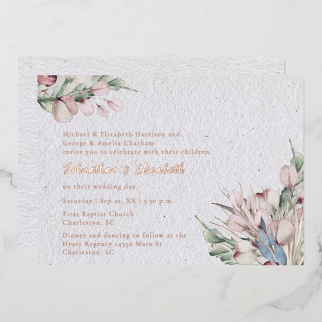 Watercolor Boho Floral and Botanical Wedding Foil Invitation (Front/Back)