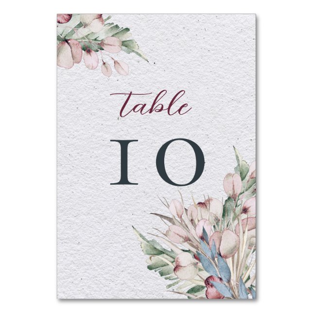 Watercolor Boho Floral and Botanical Wedding Table Number (Front)