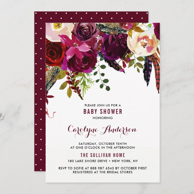 Watercolor Boho Floral Autumn Baby Shower Invitation (Front/Back)