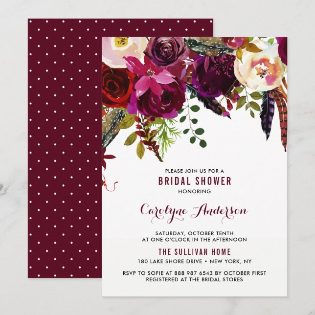 Watercolor Boho Floral Autumn Bridal Shower Invitation (Front/Back)