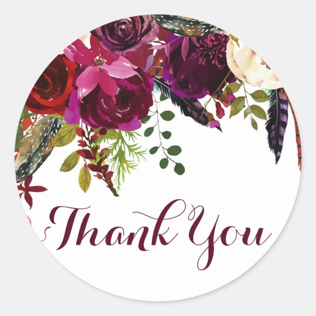 Watercolor Boho Floral Autumn Thank You Sticker (Front)