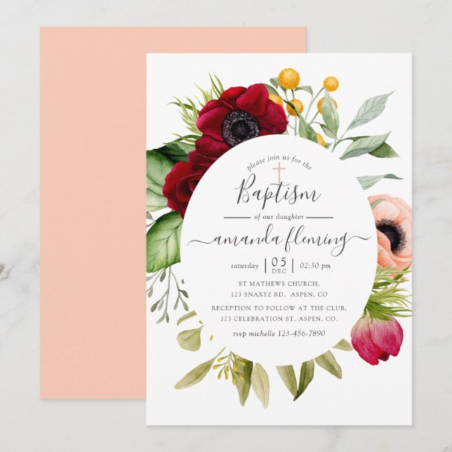 Watercolor Boho Floral Baptism Invitation (Front/Back)