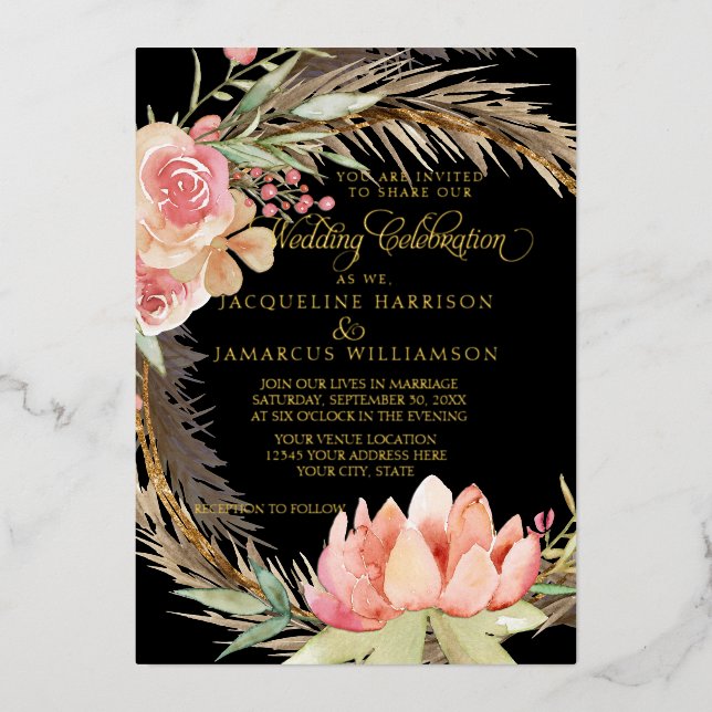 Watercolor Boho Floral Black Pink Pampas Gold Foil Invitation (Front)